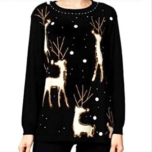 Vintage Berek Black Gold Beaded  Sequin 🎄 Reindeer Sweater Sz Large